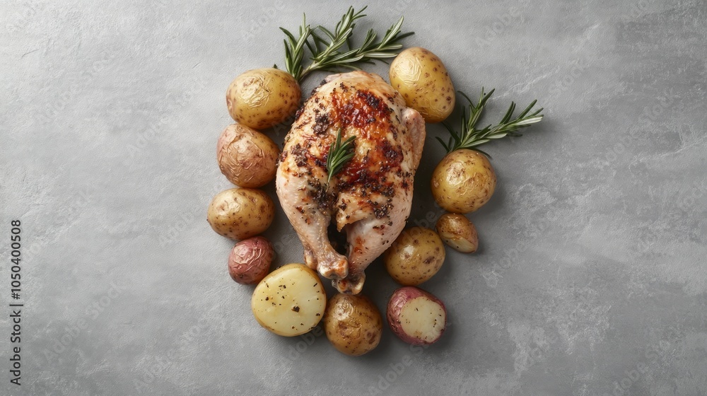 Obraz premium Roasted chicken with potatoes and rosemary sprigs on a gray background.