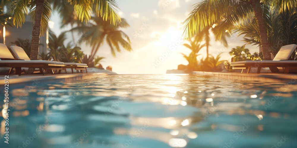 Fototapeta premium A detailed 3D representation of a swimming pool surrounded by palm trees and lounge chairs, with sunlight reflecting off the water surface, capturing a serene vacation vibe