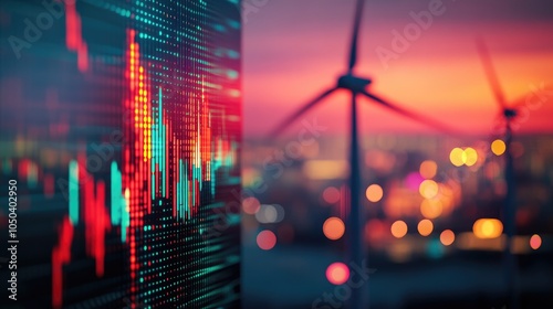 A vibrant financial graph juxtaposed with wind turbines at sunset, highlighting renewable energy.