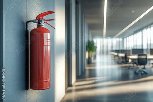 Wallpaper Mural Modern open business office with desks, computers and large windows mounted red new fire extinguisher on grey wall, blurred background with copy space, concept of workplace safety Torontodigital.ca