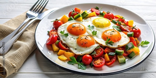 Fried eggs with colorful saut?ed vegetables on a white plate, breakfast, healthy, food, meal, delicious, protein, nutrition