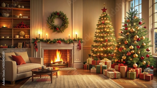 Cozy Christmas living room with fireplace, decorated tree, and presents in warm colors, Christmas, living room, cozy