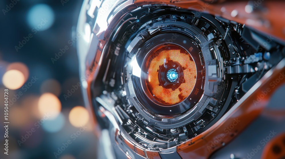 Fototapeta premium Close-up of a futuristic robotic eye with intricate mechanical details.