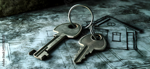 Neigbourhood Real Estate - Two keys on a surface with a house sketch, symbolizing home ownership and security.