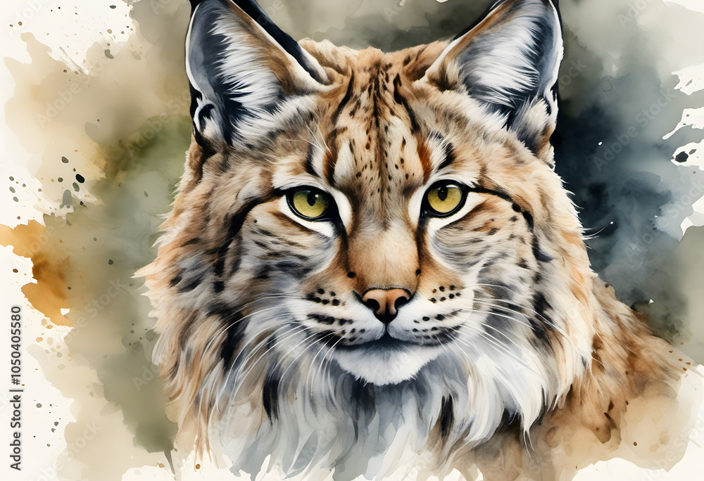 Obraz premium A detailed watercolor painting of a lynx with distinctive tufted ears and spotted fur, gazing attentively to the side. The artwork captures the lynx's majestic and wild nature.