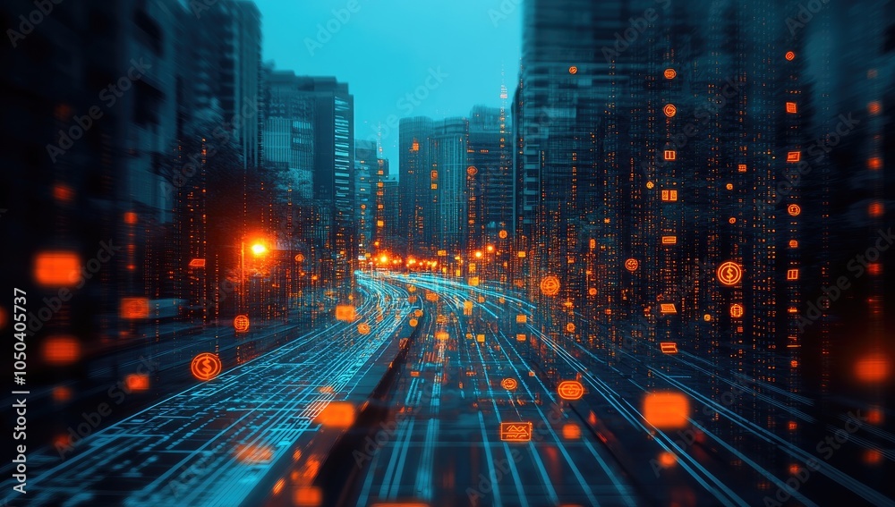 A digital cityscape with glowing data elements representing technology and innovation.