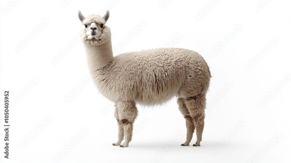 Obraz premium A fluffy alpaca standing peacefully with its thick woolly coat, isolated on a white background