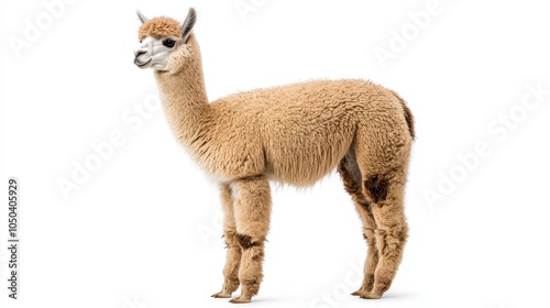 A fluffy alpaca standing peacefully with its thick woolly coat, isolated on a white background