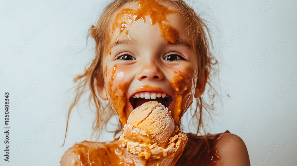 Naklejka premium Here is the image of a cute child with an adorable smile enjoying an ice cream against a white background. 