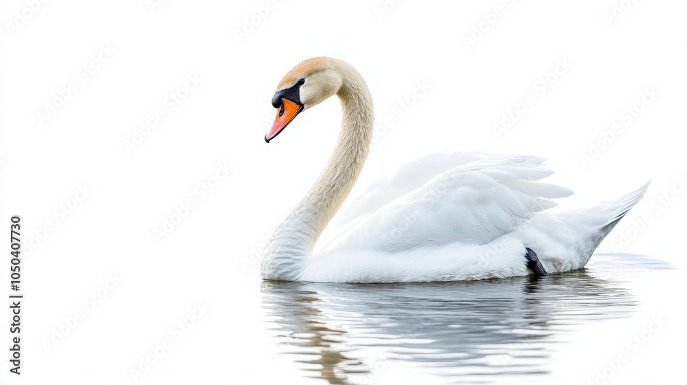 A graceful swan floating calmly with its neck arched, isolated on a white background A graceful swan floating calmly with its neck arched, isolated on a white background