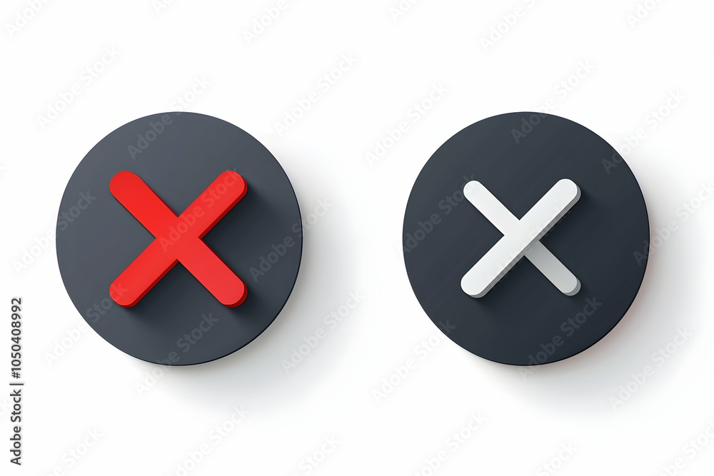 Fototapeta premium Two round buttons with a cross symbol, one in red and one in white, on a grey background.