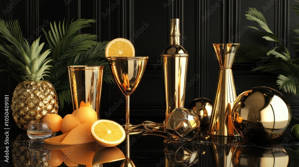 Sophisticated bar setting with gold tequila and chic accessories, capturing the essence of a vibrant luxury lifestyle and elegance