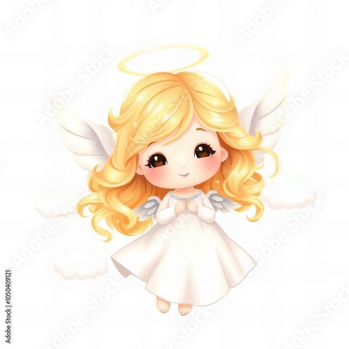 cartoon angel with golden hair and white dress flying in the sky.