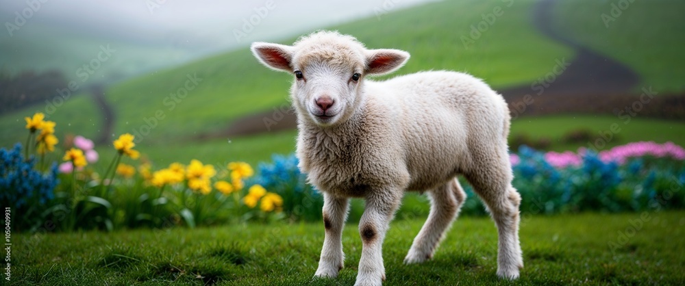 Fototapeta premium Adorable Lamb in a Green Pasture with Colorful Spring Flowers