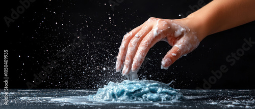 hand reaching into slimy, dirty surface, creating splash of blue substance, evokes sense of curiosity and intrigue. contrast against dark background enhances visual impact