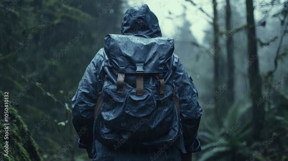 Fototapeta premium A person in rain gear stands in a wet forest with a droplet-covered waterproof backpack