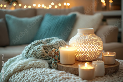 Burning candles creating cozy atmosphere on knitted blanket in bedroom photo