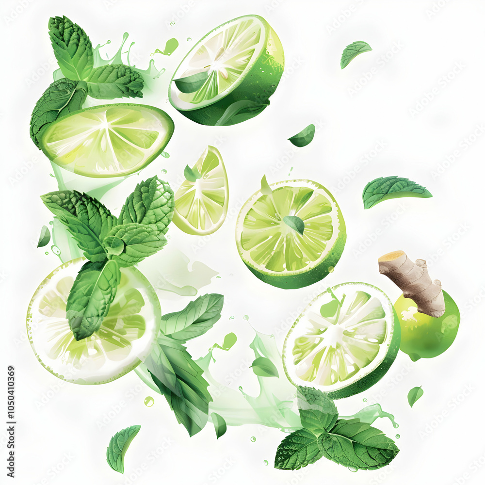 Fresh lime slices, mint leaves, and ginger root splash in a white background. Fresh lime slices, mint leaves, and ginger root splash in a white background.