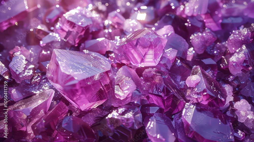Macro shot of a cluster of amethyst crystals, with a sparkling and shiny surface, displaying the complex facets and textures of the gemstone. Macro shot of a cluster of amethyst crystals, with a sparkling and shiny surface, displaying the complex facets and textures of the gemstone.