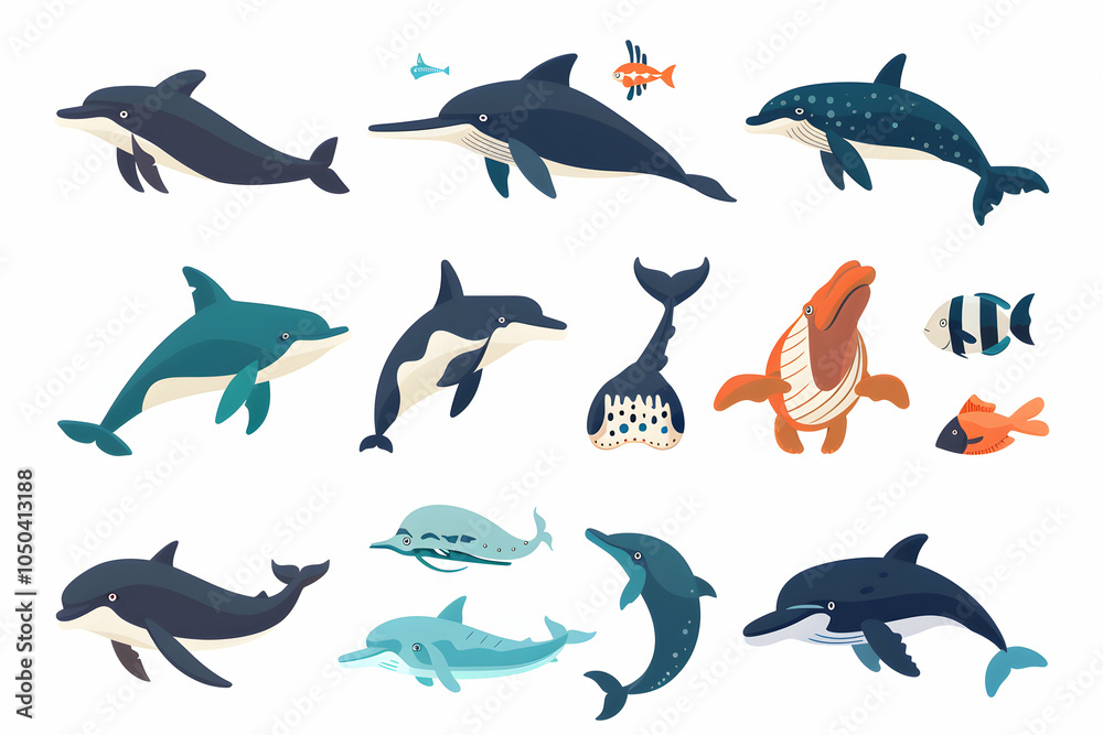 A set of 15 cartoon illustrations of various types of dolphins, whales, and fish. A set of 15 cartoon illustrations of various types of dolphins, whales, and fish.