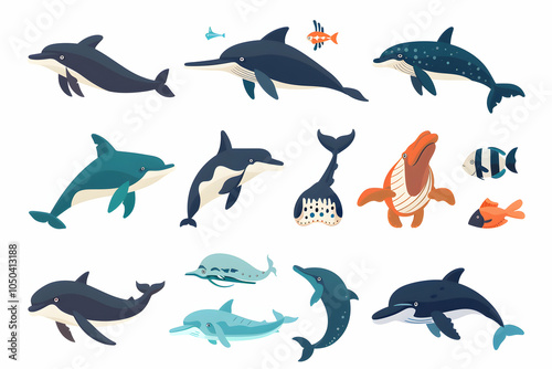 A set of 15 cartoon illustrations of various types of dolphins, whales, and fish.