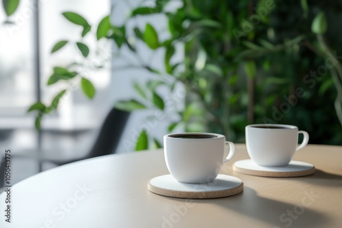 Two Cups of Coffee on a Table with Greenery