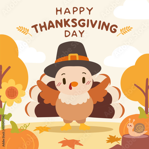 A cute Thanksgiving illustration of a cartoon turkey dressed in a pilgrim hat, surrounded by autumn leaves, pumpkins, and a friendly snail, perfect for holiday greeting cards and festive designs.