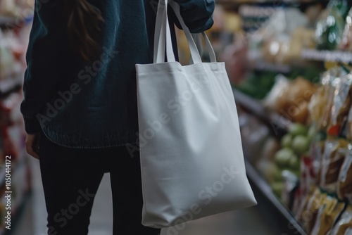 Minimalist Shopping Experience: Person Holding White Tote Bag in Grocery Aisle for Microstock Use