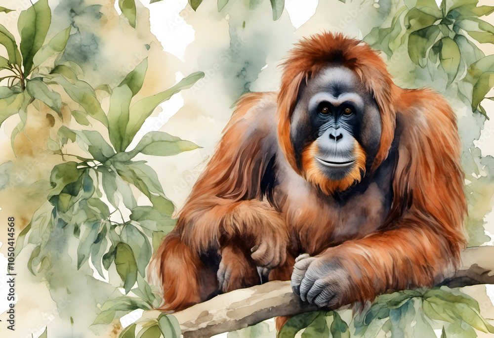 Obraz premium A watercolor painting of an orangutan with expressive eyes and detailed fur.