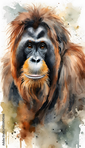 A watercolor painting of an orangutan with expressive eyes and detailed fur. photo