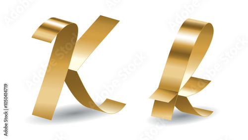 Golden Ribbon K Script Letters with Shadows. Vector Alphabet Signs in Gold Tape Isolated on White Background