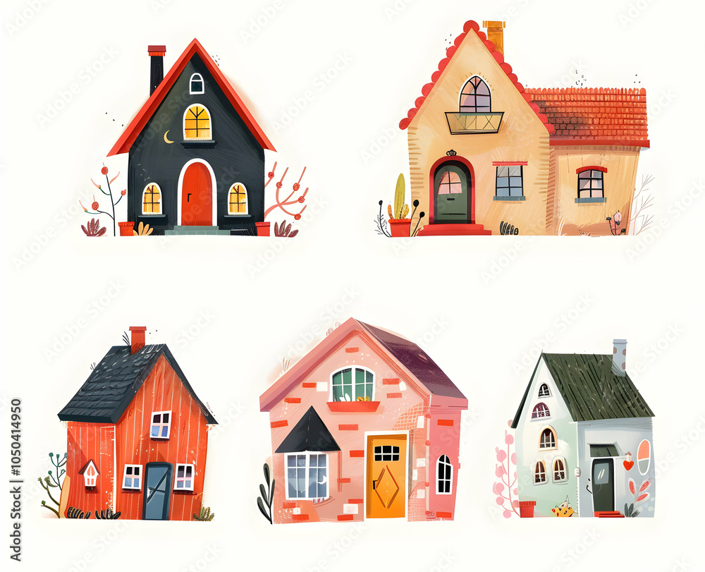 Illustration of five colorful houses with different designs, doors, and windows. Illustration of five colorful houses with different designs, doors, and windows.