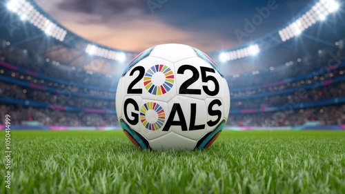 Soccer ball focused on 2025 goals, green field, stadium setting. photo