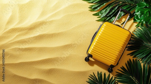 Yellow suitcase on sandy beach with green palm leaves, summer vacation vibes. photo