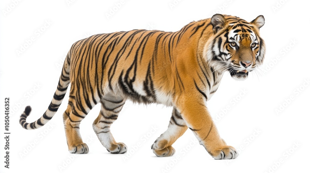 Naklejka premium A majestic tiger walking cautiously with its muscles rippling, isolated on a white background