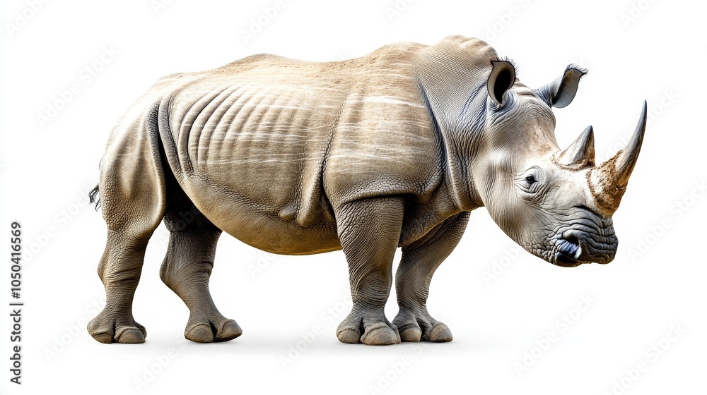 Fototapeta premium A massive rhinoceros with its horn prominently displayed, standing firmly, isolated on a white background