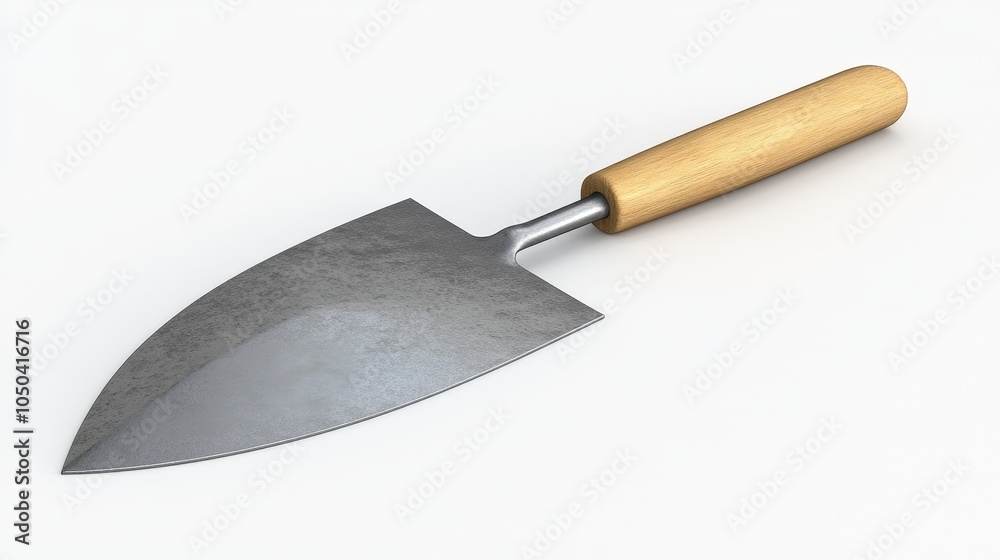 A metal concrete finishing trowel with a wooden handle, isolated on a white background A metal concrete finishing trowel with a wooden handle, isolated on a white background