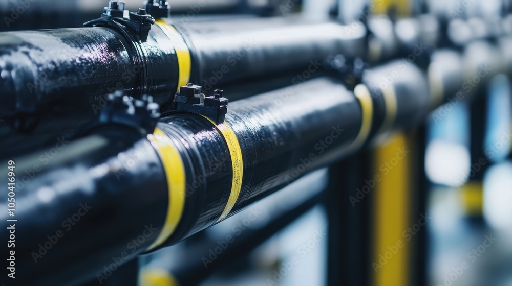 Well-secured, foam-insulated pipes in a utility room, detailed view with wire clips and tape on black tubing Well-secured, foam-insulated pipes in a utility room, detailed view with wire clips and tape on black tubing