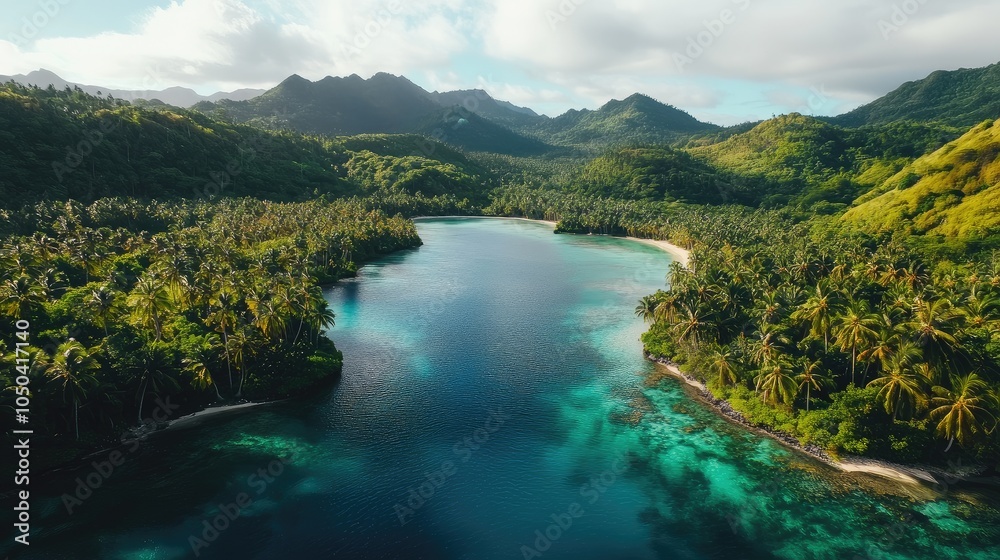 Aerial view of a tranquil lagoon in the Mamanuca Islands, surrounded by coral reefs and lush green palm trees. No people included. Aerial view of a tranquil lagoon in the Mamanuca Islands, surrounded by coral reefs and lush green palm trees. No people included.