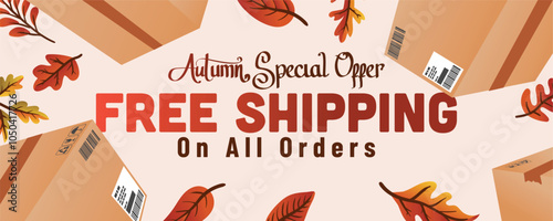 autumn leaves and shipping package. autumn special offer free shipping on all order web banner template vector illustration.