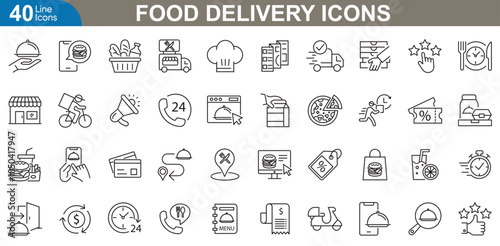 Food delivery icons set. Delivery, online ordering, application, fast food, restaurant, bag, contactless, takeaway and more. vector illustrator.