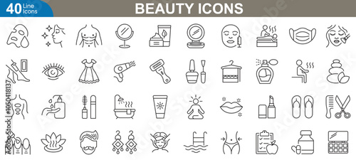 Beauty icons set. Skincare, makeup, spa, cosmetics, beauty salon, nail, wellness, fashion and more. vector illustrator.