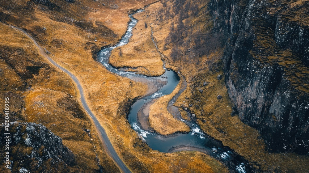 Aerial view of the winding streams feeding into the Fairy Pools, nestled among the rocky terrain of the Isle of Skye. No people included. Aerial view of the winding streams feeding into the Fairy Pools, nestled among the rocky terrain of the Isle of Skye. No people included.