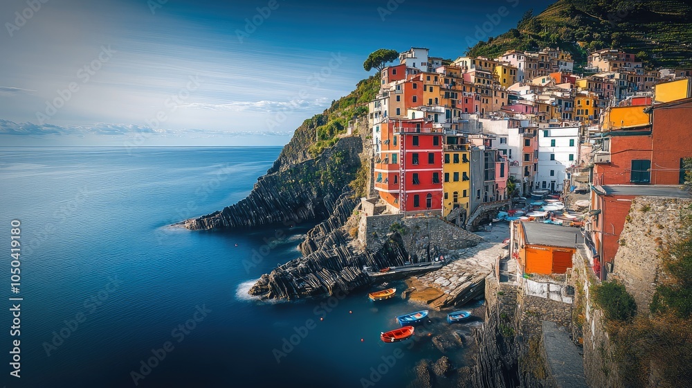 Naklejka premium Cinque Terres Riomaggiore village, with brightly painted houses stacked on the cliffs, framed by the Mediterranean deep blue waters. No people included.