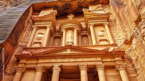 Close-up of Petras intricate rock carvings on the Treasury, showcasing centuries of weathered beauty. No people included.