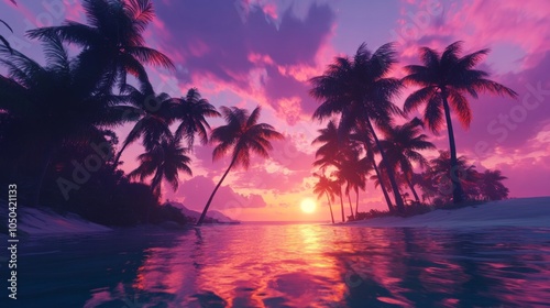 A vibrant 3D scene of a coastal sunset with silhouettes of palm trees, capturing the beauty of nature at twilight