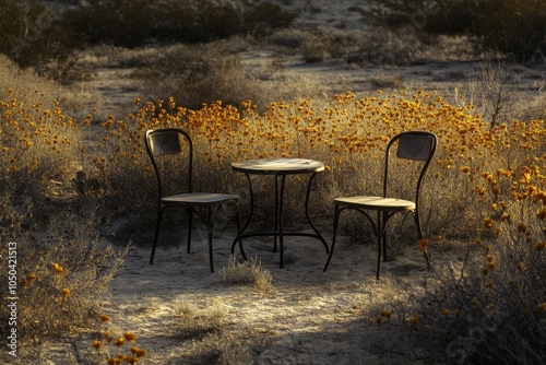 Two chairs and a small table stand abandoned in a field of yellow wildflowers, a picturesque scene of solitude and natural beauty in the desert.