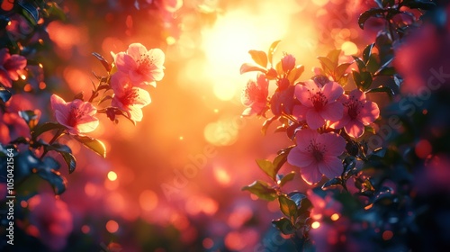 Beautiful Pink Blossoms Illuminated by Golden Sunset with Warm and Dreamy Bokeh Background