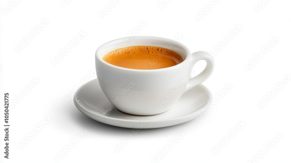 A rich espresso shot with a smooth crema, served in a small white cup, isolated on a white background A rich espresso shot with a smooth crema, served in a small white cup, isolated on a white background