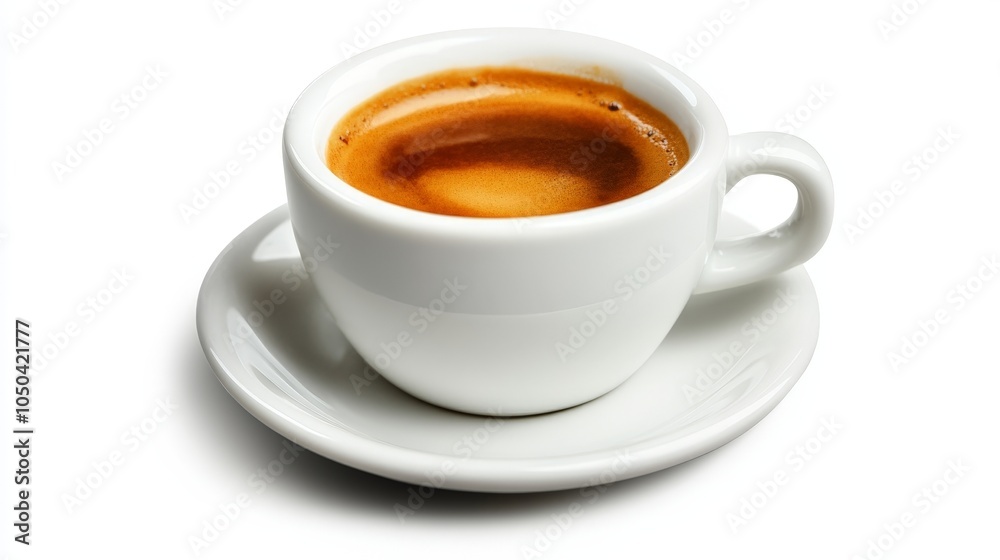 A rich espresso shot with a smooth crema, served in a small white cup, isolated on a white background A rich espresso shot with a smooth crema, served in a small white cup, isolated on a white background